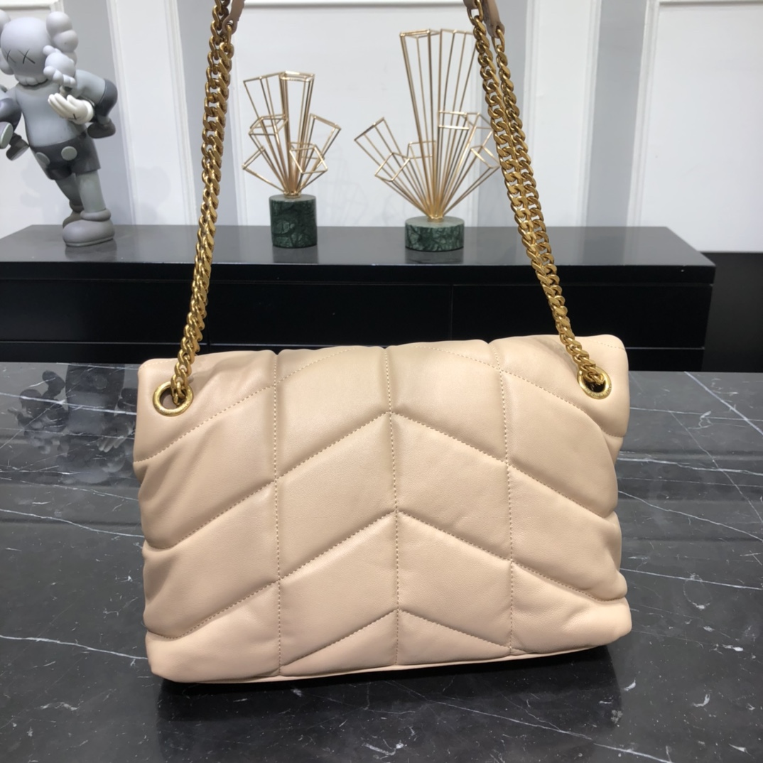 Saint Laurent Loulou Puffer Small Lambskin Shoulder Bag Handbag Dark Beige 577476 Gold